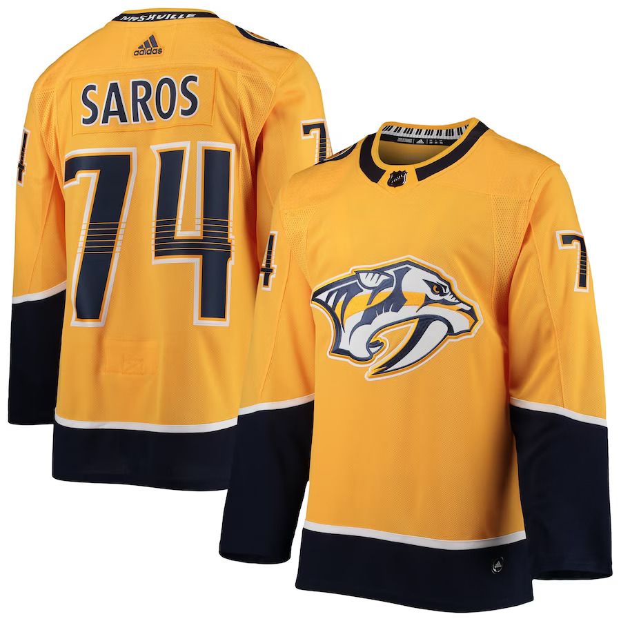 Men Nashville Predators 74 Juuse Saros adidas Gold Home Authentic Player NHL Jersey